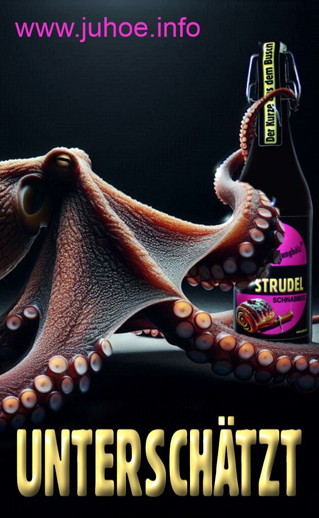 Eine Krake vor schwarzem Hintergrund, von oben beleuchtet. Sie umklammert eine Flasche ZIMTSTRUDEL-Schnabbes.
