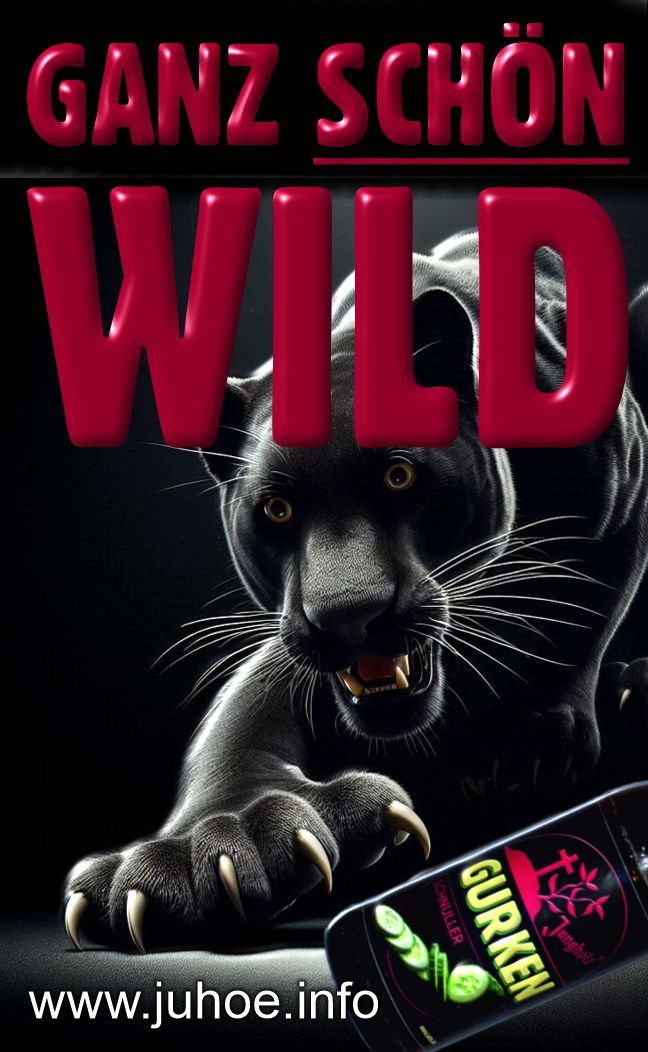 Ein Panther schleicht sich vor schwarzem Hintergrund an uns heran, von oben beleuchtet. Er wirft eine Flasche GURKEN-Schnuller um.