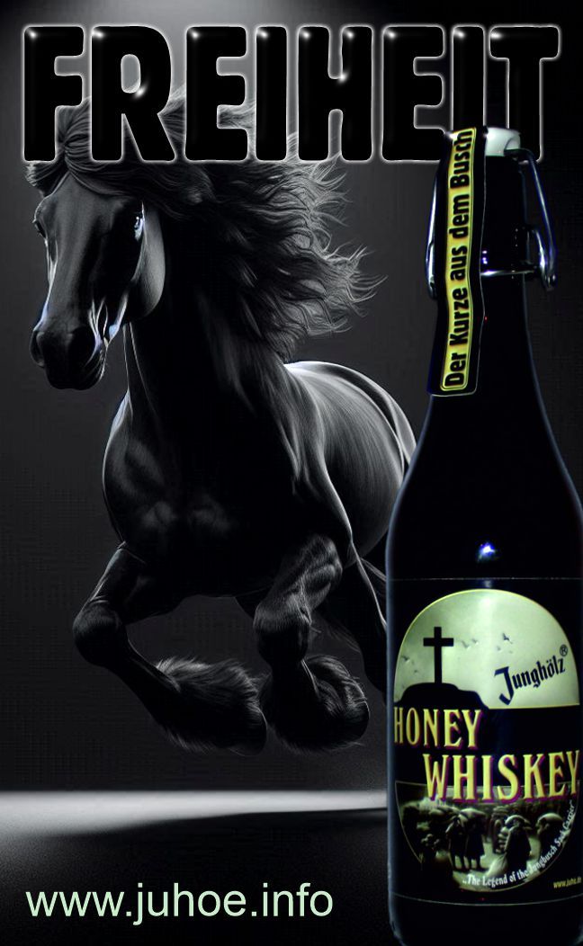 Ein schwarzes Wildpferd galoppiert aus der Dunkelheit auf uns zu. Unter dem Motto FREIHEIT sieht man auf der rechten Seite eine Flasche HONEY WHISKEY.