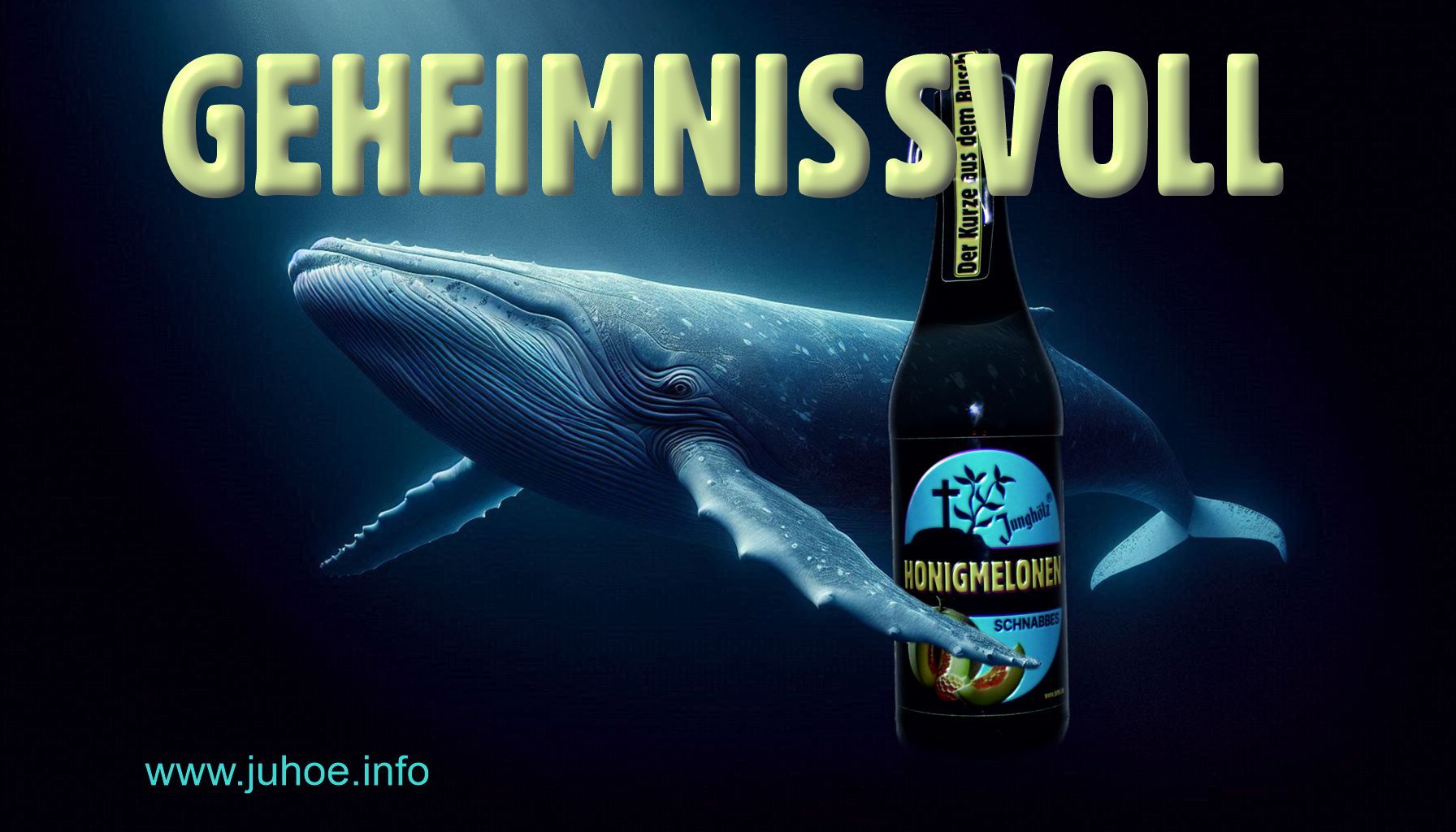 Ein Wal von oben beleuchtet, sodass er blau wirkt. An deiner linken Flosse sieht man eine Flasche HONIGMELONEN-Schnabbes. Die Flasche ist verhältnismäßig groß.